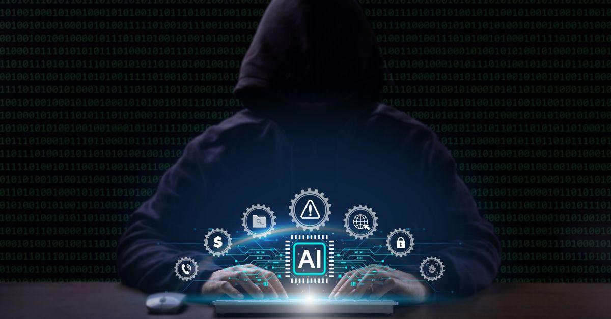 Hacker typing on keyboard, with symbols representing phishing tactics